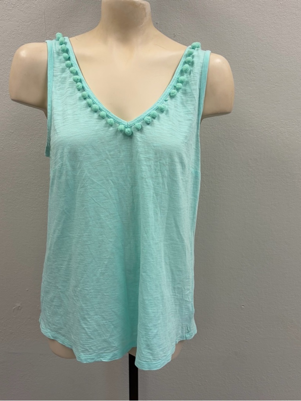 Lilly Pulitzer “Gigi” Turquoise Pom-Trim V-Neck Tank Top